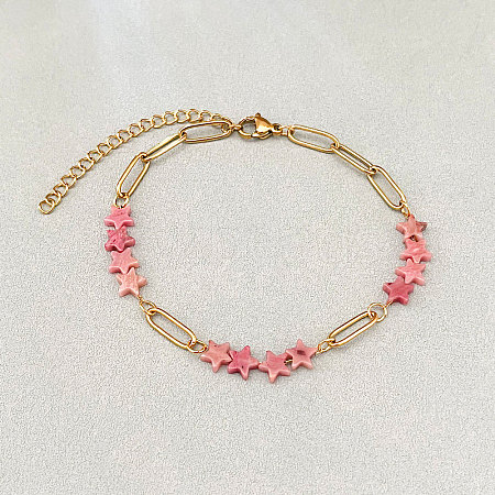 Natural Rhodonite Star Beaded Bracelets with 304 Stainless Steel Paperclip Chains WGC91F5-05-1