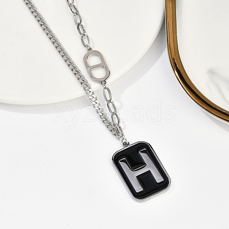 304 Stainless Steel Black Enamel H Rectangle Pendant Twisted Chain Necklaces for Women NJEW-M078-01P-1