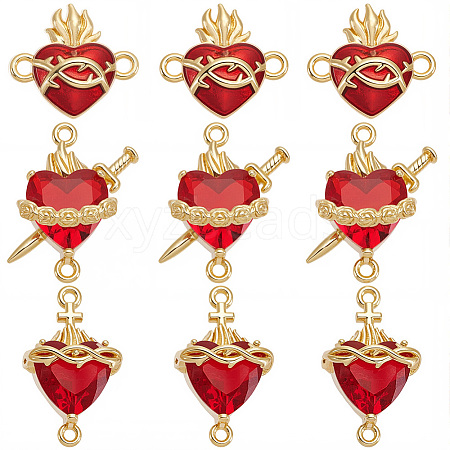 12Pcs 3 Styles Brass Enamel Sacred Heart of Jesus Links Connector Charms KK-SC0007-86-1