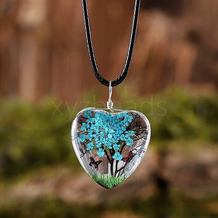 Heart Glass with Dried Flower Tree Inner Pendant Black Waxed Cord Necklaces FS-WG87A6D-10-1