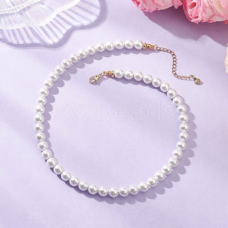 8MM Round White Shell Pearl Beaded Necklaces NJEW-JN05700-1