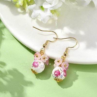 Handmade Flower Printed Porcelain Ceramic Dangle Earrings EJEW-JE07288-01-1