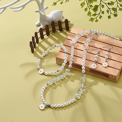 Plastic Pearl Daisy Pendant Dangle Earrings & Stretch Bracelet & Pendant Necklace SJEW-JS01256-1
