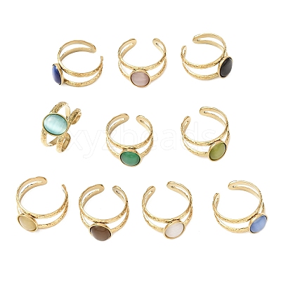 304 Stainless Steel with Glass Cat Eye Cuff Rings for Women RJEW-K309-40G-1