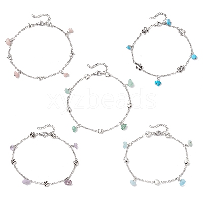 5Pcs 5 Styles Natural & Synthetic Gemstone Chip Tassel Alloy Link Anklets AJEW-AN00696-1