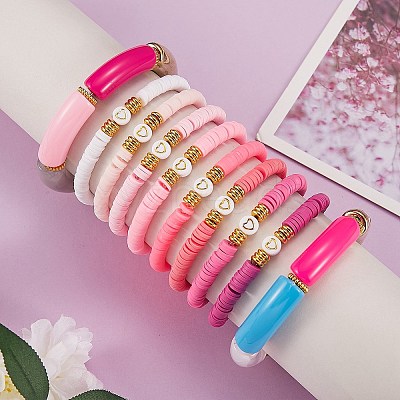 10Pcs 10 Style Handmade Polymer Clay Heishi Beaded Stretch Bracelets Set with Heart BJEW-SW00036-02-1