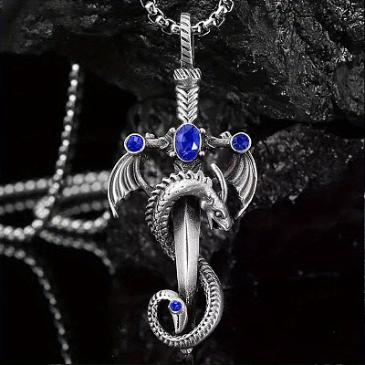 Alloy & 201 Stainless Steel & Rhinestone Dinosaur Wrapped Sword Pendant Necklaces for Men FS-WGFE8C1-06-1