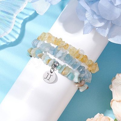 3Pcs 3 Styles Natural Citrine & Flower Amazonite & Aquamarine Aventurine Chips Stretch Bracelets Sets BJEW-JB11076-05-1