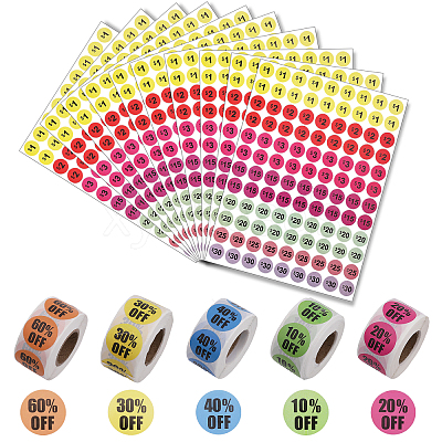 10 Sheets Paper Self-Adhesive Number Round Stickers and 5 Rolls Discount Round Dot Roll Stickers STIC-CA0001-03-1