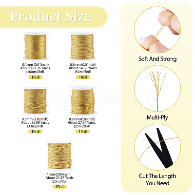 5 Rolls 5 Sizes Round PET Metallic Thread MCOR-TA0001-02B-1