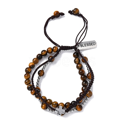 Adjustable Natural Tiger Eye & Hematite Braided Bead Bracelets BJEW-U035-01B-1
