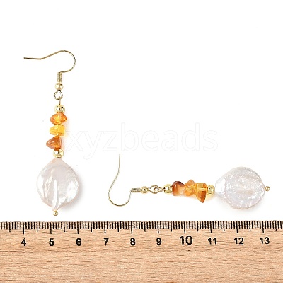 Natural Amber Chip & Natural Keshi Pearl Dangle Earrings EJEW-JE07445-01-1