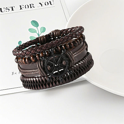1Pc Cowhide & Imitation Leather Cord Knitted Multi-strand Bracelets AJEW-GF0011-50C-1