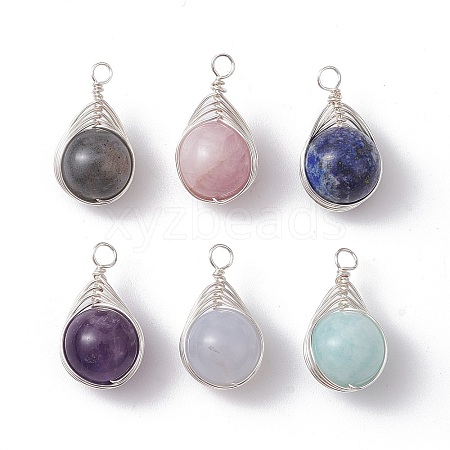 6Pcs 6 Styles Natural Mixed Gemstone Copper Wire Wrapped Pendants PALLOY-JF02540-1