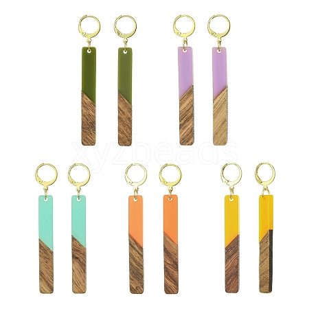 Two Tone Resin & Walnut Wood Rectangle Dangle Leverback Earrings EJEW-JE05503-1