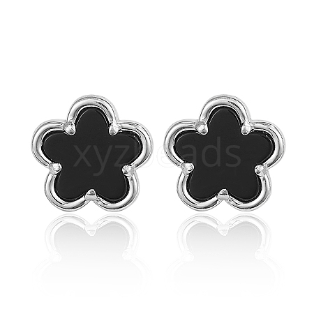 925 Silver Black Agate Flower Stud Earrings JT8400-2-1