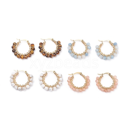 Faceted Round Natural Stone Beads Huggie Hoop Earrings for Girl Women EJEW-JE04687-1