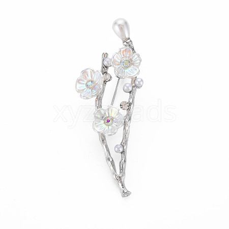 Plum Blossom with Branch Resin Brooch with Imitation Pearl JEWB-N007-023P-FF-1