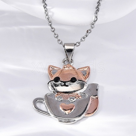 Brass Cute Cup Fox Pendant Cable Chain Necklaces for Women NJEW-C067-03P-1