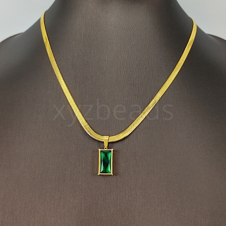 Staniless Steel Green Cubic Zirconia Rectangle Pendant Necklaces SM4893-1