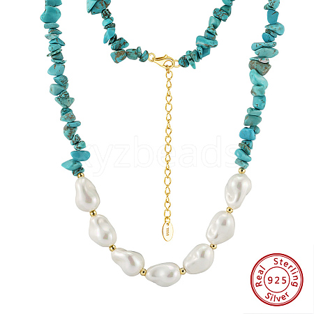 Natural Turquoise Chip & Nuggets Shell Pearl Beaded Necklaces NJEW-L125-007G-1