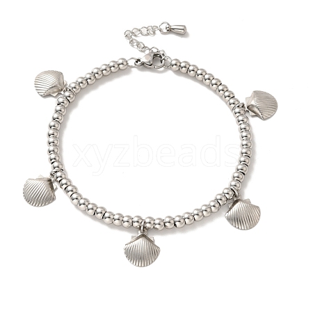304 Stainless Steel Shell Charm Bracelet with 201 Stainless Steel Round Beads for Women BJEW-B057-17P-1