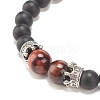 Natural Frosted Dyed & Heated Black Agate & Tiger Eye Braided Bead Bracelet with Alloy Crown BJEW-JB08249-05-4