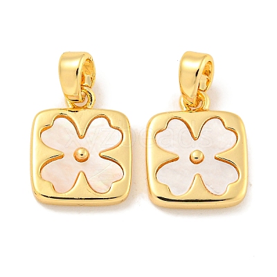 Natural Shell & Brass Square with Flower Charms with Snap on Bails KK-P275-05G-1