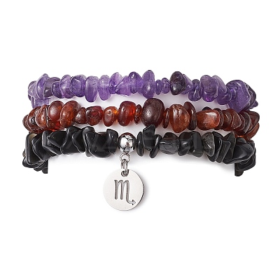 3Pcs 3 Styles Natural Amethyst & Garnet & Obsidian Chips Stretch Bracelets Sets BJEW-JB11076-10-1