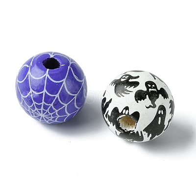 45Pcs 9 Colors Printed Round Wood European Beads WOOD-FS0001-21-1