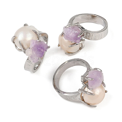 Nuggets Natural Amethyst & Pearl Open Cuff Rings RJEW-K286-13P-1