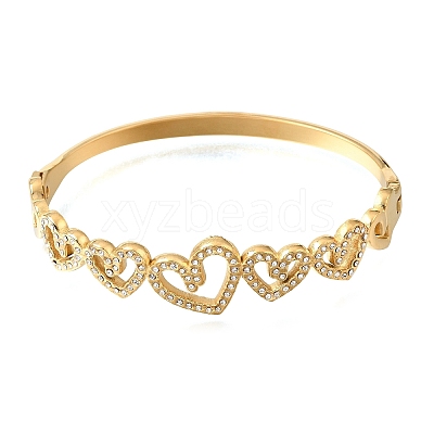 304 Stainless Steel Crystal Rhinestone Hollow Heart Hinged Cuff Bangles for Women SA-CBAF851-10G-1