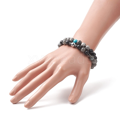 Natural Black Stone & Picasso Jasper & Labradorite & Synthetic Turquois & Non-Magnetic Synthetic Hematite Beaded Stretch Bracelets Sets for Women BJEW-JB09279-1