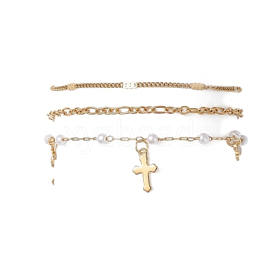 Round ABS Imitation Pearl Beaded Chains & 304 Stainless Steel Cable Chains Stackable Bracelets for Women BJEW-JB12452-01-1