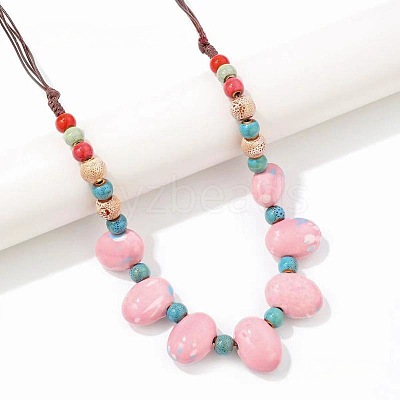 Ethnic Style Oval Porcelain Beaded Bib Necklaces with Imitation Leather Cord FS-WGD6870-01-1