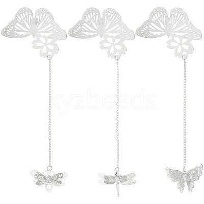 3Pcs 3 Styles Butterfly & Butterfly & Dragonfly Filigree Brass Bookmark with Chains AJEW-SC0002-93P-1