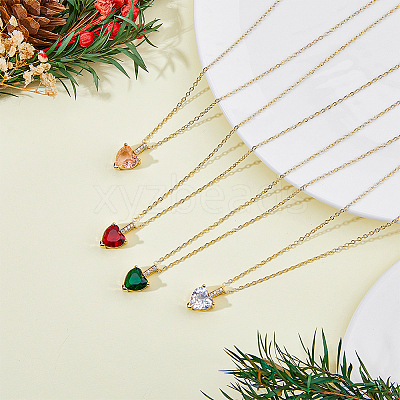 4Pcs 4 Colors Brass Micro Pave Cubic Zirconia Heart Pendant Necklaces Set NJEW-FI0001-58-1