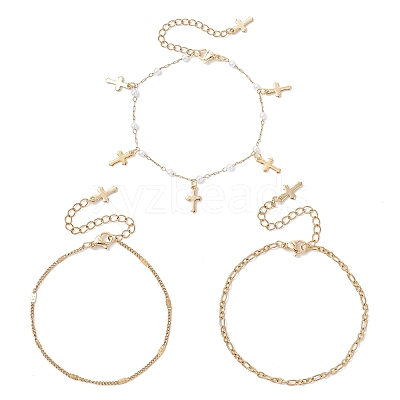 Round ABS Imitation Pearl Beaded Chains & 304 Stainless Steel Cable Chains Stackable Bracelets for Women BJEW-JB12452-03-1