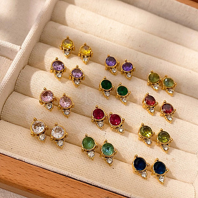 304 Stainless Steel Cubic Zirconia Stud Earrings STAS-OY009-15G-1