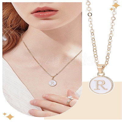 1Pc Zinc Alloy White Enamel Round with Letter Pendant Necklaces NJEW-LP0002-88G-R-1