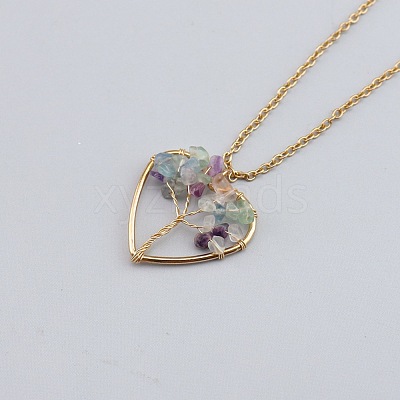 Natural Fluorite Chip Beaded Tree of Life Alloy Heart Pendant Necklaces WG026CB-05-1