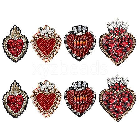 GOMAKERER 8Pcs 4 Style Sacred Heart Glass Rhinestone Appliques PATC-GO0001-03-1