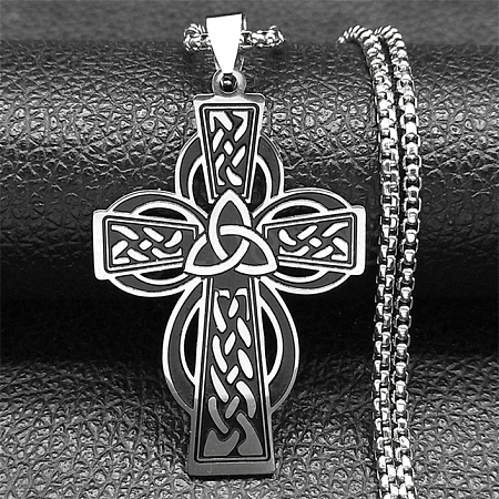 Viking 304 Stainless Steel Black Enamel Box Chain Trinity Knot Cross Pendant Necklaces for Men NJEW-S003-07P-1