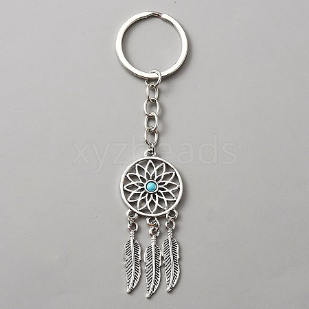 Woven Net/Web with Feather Alloy & Resin Pendant Keychain KEYC-WH0029-71AS-1