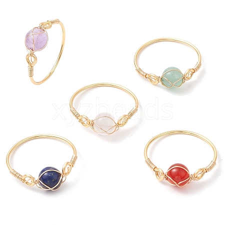 Round Natural Rose Quartz & Carnelian & Lapis Lazuli & Green Aventurine & Amethyst Finger Rings RJEW-JR00816-1