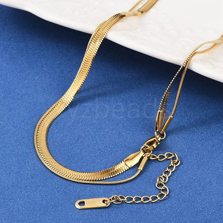 316 Stainless Steel Round Snake and Herringbone Chains Double Layer Necklace for Women Men NJEW-C025-01G-1