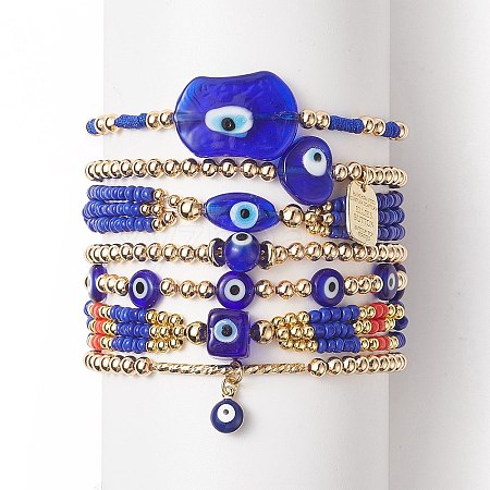 7Pcs 7 Style Evil Eye Lampwork & Glass Seed & Brass Beaded Stretch Bracelets Set for Women BJEW-JB09249-03-1