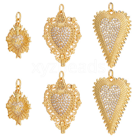 Beebeecraft 6Pcs 3 Style Rack Plating Brass Micro Pave Clear Cubic Zirconia Pendants KK-BBC0012-98-1