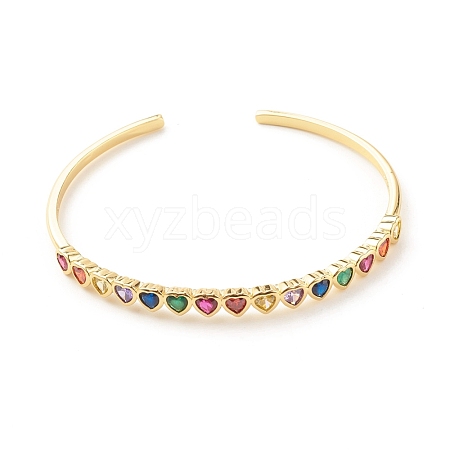 Colorful Cubic Zirconia Heart Open Cuff Bangle BJEW-B054-15G-1