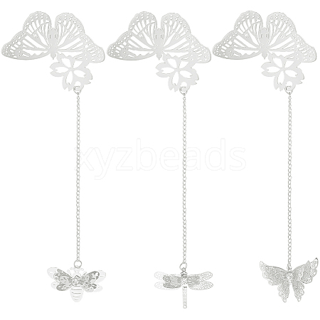 3Pcs 3 Styles Butterfly & Butterfly & Dragonfly Filigree Brass Bookmark with Chains AJEW-SC0002-93P-1